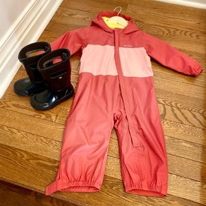 Bogs rain boots and Columbia one piece wet suit.